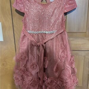 Nannette Sparkling Pink Dress with Rosette Accents